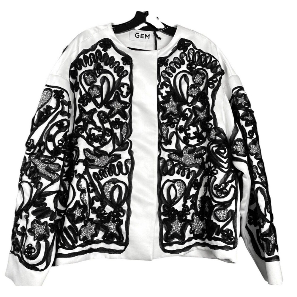 Gem Blazer Top White w Black Sheer Ribbon & Sequins Sz 14 Long Sleeve Snap Close